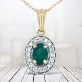 14K Yellow Gold 6x4mm Emerald and 1/5 Cttw Round Diamond Halo Pendant 18" Necklace - (H-I Color, SI1-SI2 Clarity)