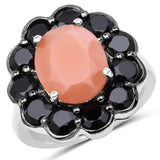 7.88 Carat Genuine Peach Moonstone and Black Spinel .925 Sterling Silver Ring