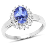 1.45 Carat Genuine Tanzanite and White Zircon .925 Sterling Silver Ring