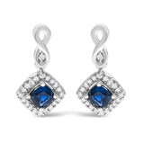 10K White Gold Blue  Sapphire and Diamond Halo Cushion Shaped Drop Earrings (I-J Color, I1-I2 Clarity)