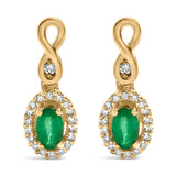 10K Yellow Gold Oval Cut Green Emerald 5x3 mm and 1/7 Cttw Round Diamond Dangle Earrings