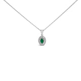 14K White Gold Oval Green Emerald and Diamond Halo Pendant Necklace - 18" Inches