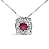 14K White Gold Red Ruby and 1/3 Cttw Diamond Halo Pendant Necklace