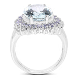 5.30 Carat Genuine Aquamarine, Tanzanite & White Topaz .925 Sterling Silver Ring