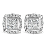 Sterling Silver 1/2 Cttw Princess Cut Diamond Composite and Halo Stud Earrings