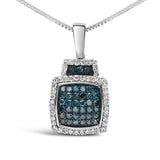 .925 Sterling Silver 1/2 Cttw Blue Diamond with White Diamond Halo Block Pendant Necklace