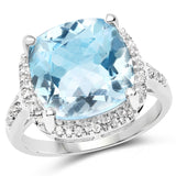 7.18 Carat Genuine Blue Topaz and White Topaz .925 Sterling Silver Ring
