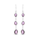 .925 Sterling Silver Checkerboard Cut Oval Purple Amethyst 2" Inch Drop and Dangle Earrings