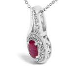 .925 Sterling Silver Red Ruby and Diamond Accent Milgrain Swirl Pendant Necklace - 18" Inches