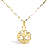 14K Yellow Gold 1/4 Cttw Round Diamond Openwork Fleur de Lis Medallion Pendant Necklace