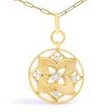 14K Yellow Gold 1/4 Cttw Diamond Star Flower Medallion Pendant Necklace