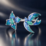 925 Sterling Silver White Gold Plated Enamel Transparent Glass 1.2cm Bird Ring for Women