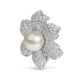 18K White Gold 2 3/4 Cttw Diamond and 12.5 MM Cultured Freshwater Pearl Floral Brooch Pin (G-H Color, VS1-VS2 Clarity)