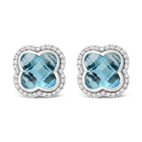 18K White Gold 3/8 Cttw Diamond and 11x11mm Clover-Cut London Blue Topaz Gemstone Halo Clover Stud Earrings (G-H Color, SI1-SI2 Clarity)