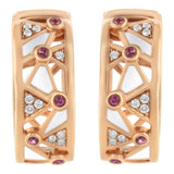 14K Rose Gold 1/6 Cttw Diamond and Pink Tourmaline White Enamel Geometric Hoop Earrings