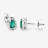 0.91 Carat Genuine Zambian Emerald and White Diamond 14K White Gold Earrings