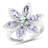 1.34 Carat Genuine Aquamarine and Tanzanite .925 Sterling Silver Ring