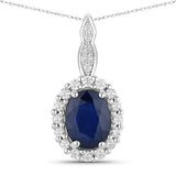 1.79 Carat Genuine Blue Sapphire and White Diamond 14K White Gold Pendant