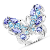 3.60 Carat Genuine Tanzanite and Swiss Blue Topaz .925 Sterling Silver Ring