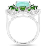 5.49 Carat Genuine Emerald, Chrome Diopside and White Diamond .925 Sterling Silver Ring