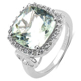 5.86 Carat Genuine Green Amethyst and Green Diamond .925 Sterling Silver Ring