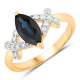 1.50 Carat Genuine Blue Sapphire and White Diamond 14K Yellow Gold Ring
