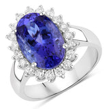 5.92 Carat Genuine Tanzanite and White Diamond 14K White Gold Ring