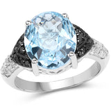 5.37 Carat Genuine Swiss Blue Topaz, Black Diamond & White Topaz .925 Sterling Silver Ring