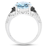 5.37 Carat Genuine Swiss Blue Topaz, Black Diamond & White Topaz .925 Sterling Silver Ring