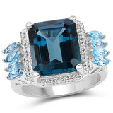 8.17 Carat Genuine London Blue Topaz and Swiss Blue Topaz .925 Sterling Silver Ring